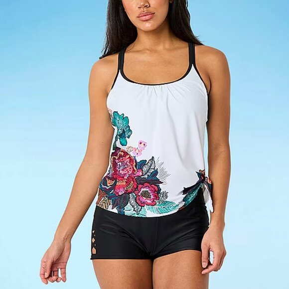 Free Country Womens Built in Bra Stretch Floral Tankini Swimsuit Top - Sz L - Picture 1 of 4